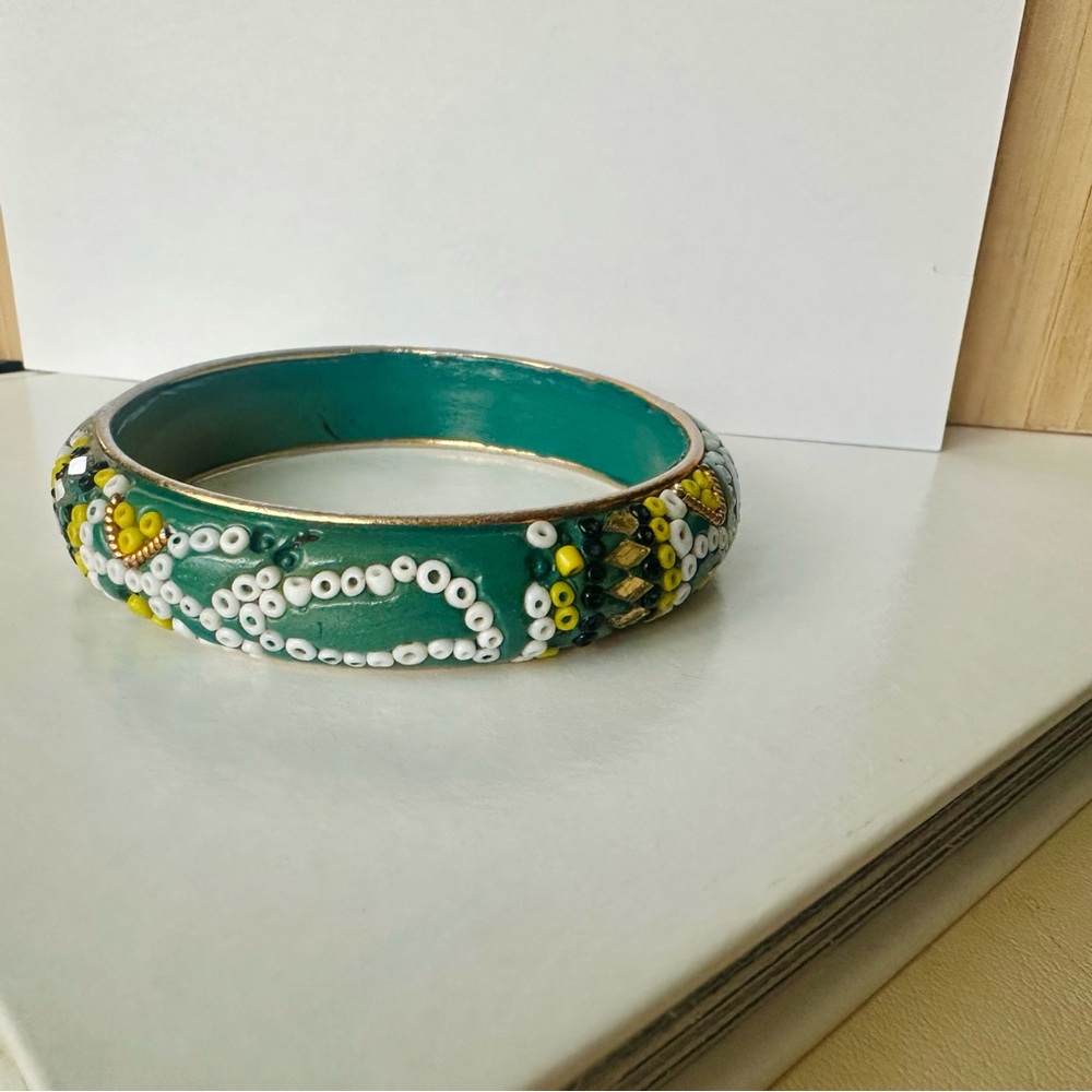Vintage India Wooden Green Bracelet Bangle w Gold & Beaded Trim - Picture 6 of 7